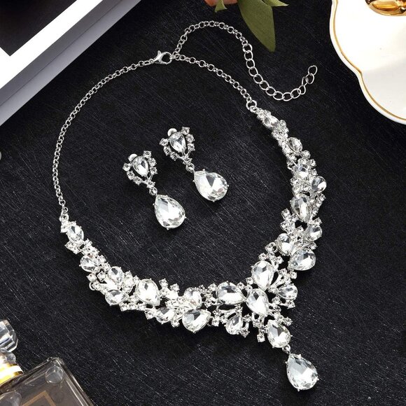 Women's Necklace Earrings Bridal Teardrop Cluster Crystal Jewelry Set Wedding - Picture 4 of 6